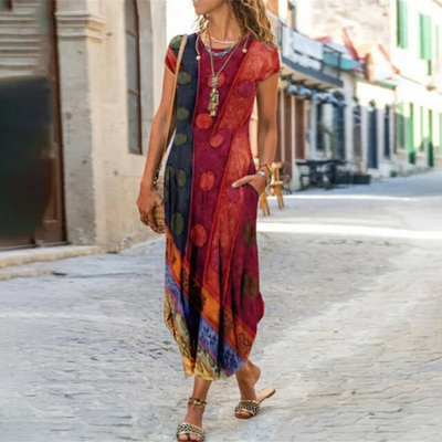 Caroline – Maxi-Robe Longue À Motifs, Confectionnée En Coton Et Lin