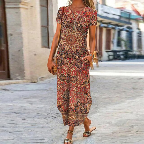 Caroline – Maxi-Robe Longue À Motifs, Confectionnée En Coton Et Lin