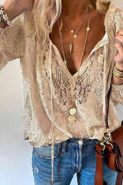 Chemisier femme - Col V Dentelle - Manches longues Aérien Léger - Look élégant