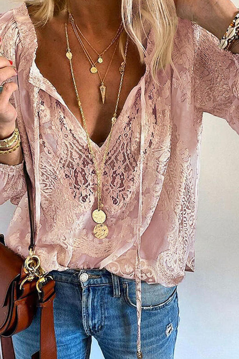 Chemisier femme - Col V Dentelle - Manches longues Aérien Léger - Look élégant