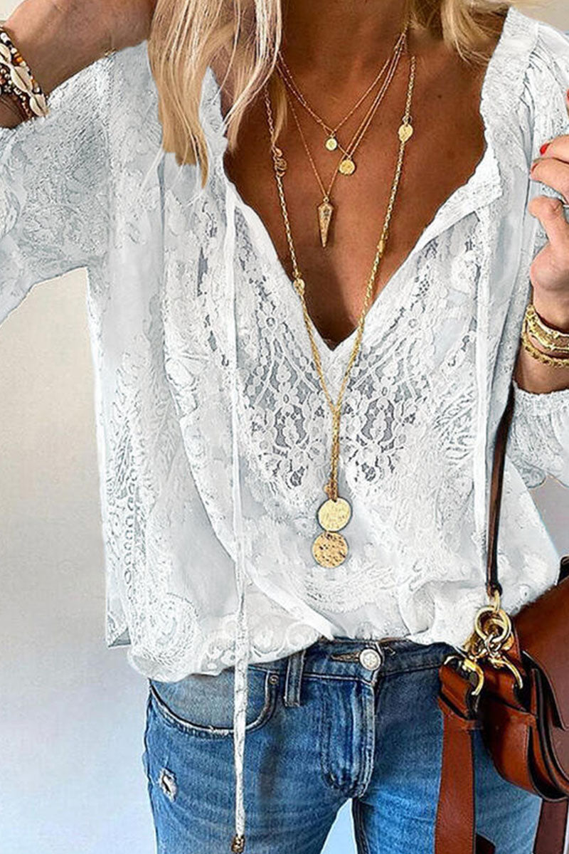 Chemisier femme - Col V Dentelle - Manches longues Aérien Léger - Look élégant