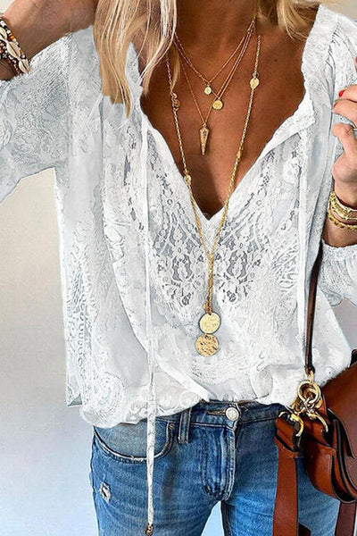 Chemisier femme - Col V Dentelle - Manches longues Aérien Léger - Look élégant