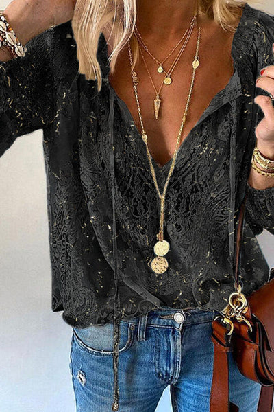 Chemisier femme - Col V Dentelle - Manches longues Aérien Léger - Look élégant