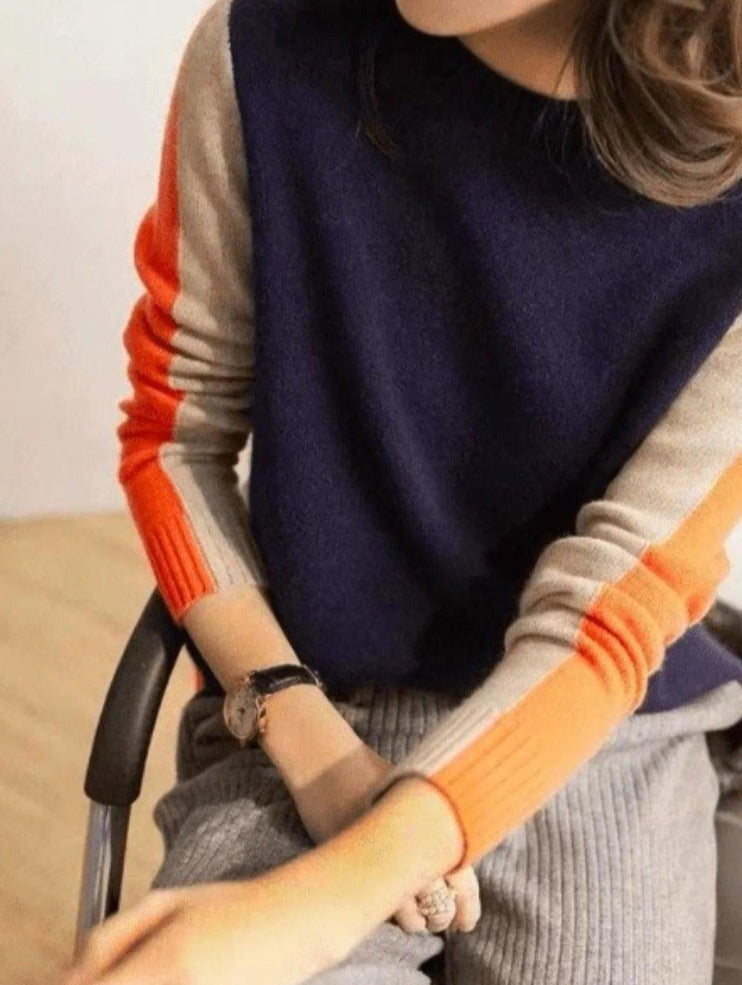 Véronique - Pull Marine Et Orange Avec Rayures Rétro