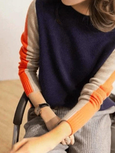Véronique - Pull Marine Et Orange Avec Rayures Rétro