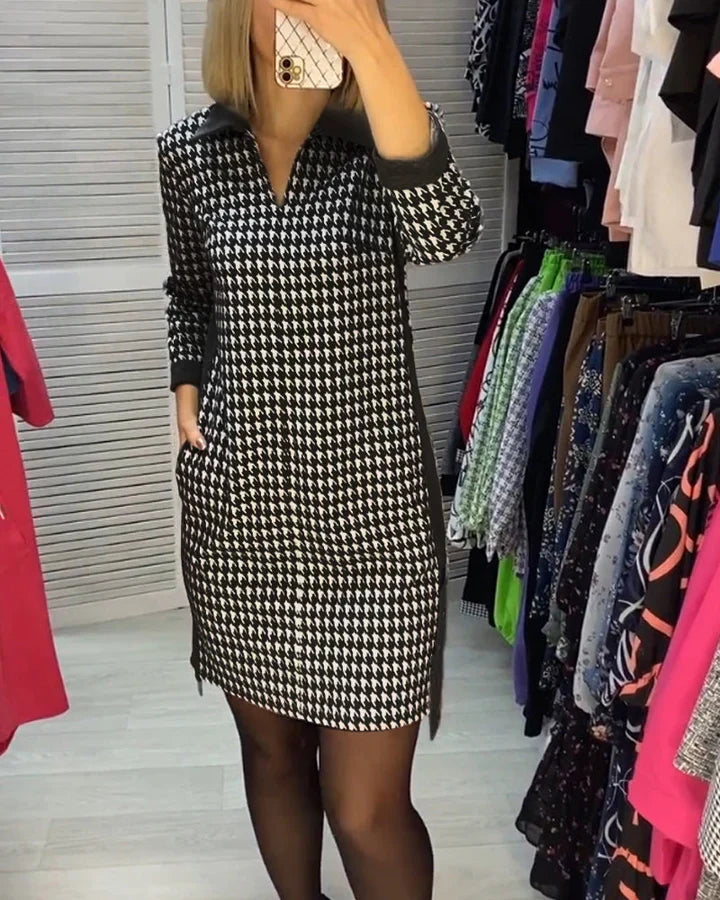 Robe Décontractée à Col V Imprimé Pied de Poule