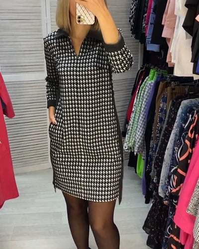 Robe Décontractée à Col V Imprimé Pied de Poule