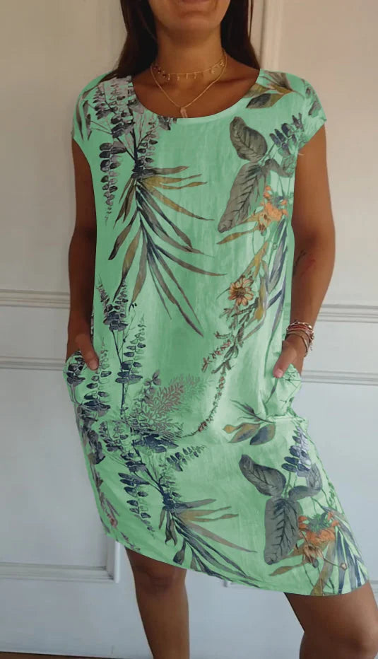 Amandine - Robe En Coton-Lin Imprimé Avec Col Rond Et Coupe Légère