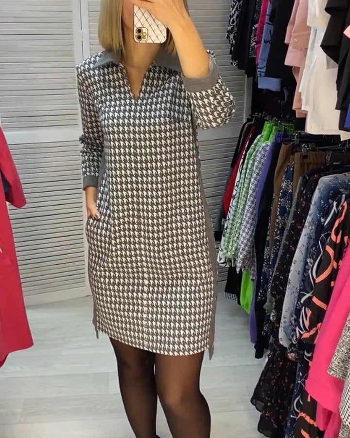 Robe Décontractée à Col V Imprimé Pied de Poule