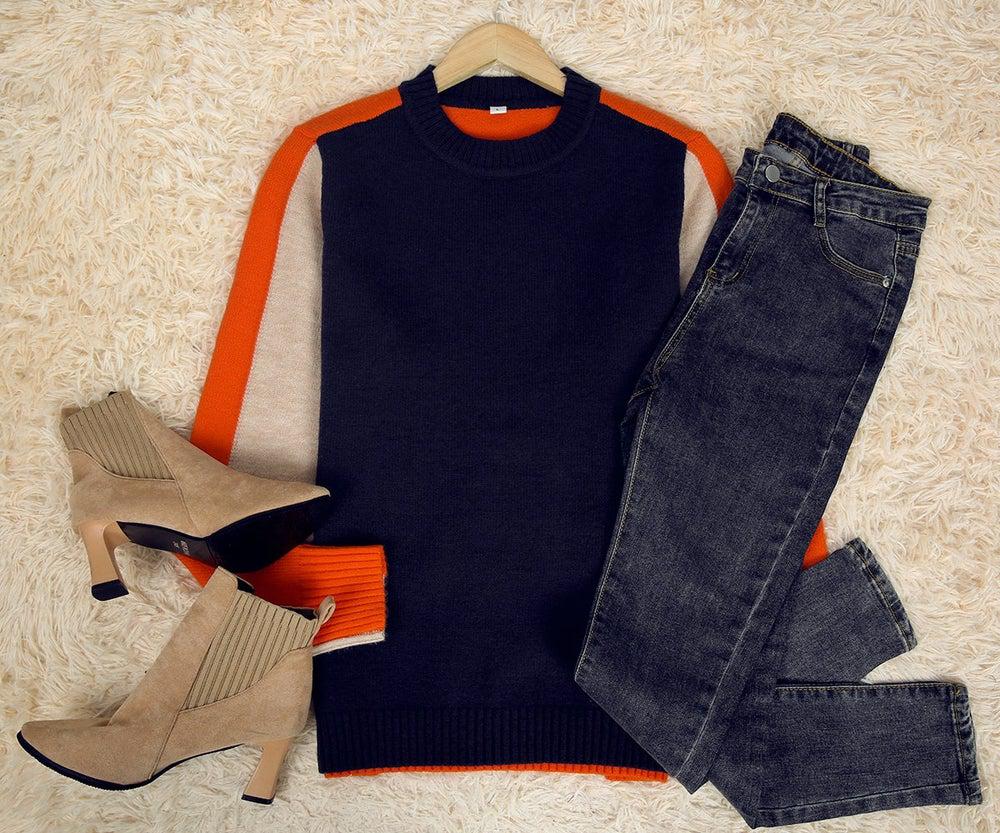 Véronique - Pull Marine Et Orange Avec Rayures Rétro