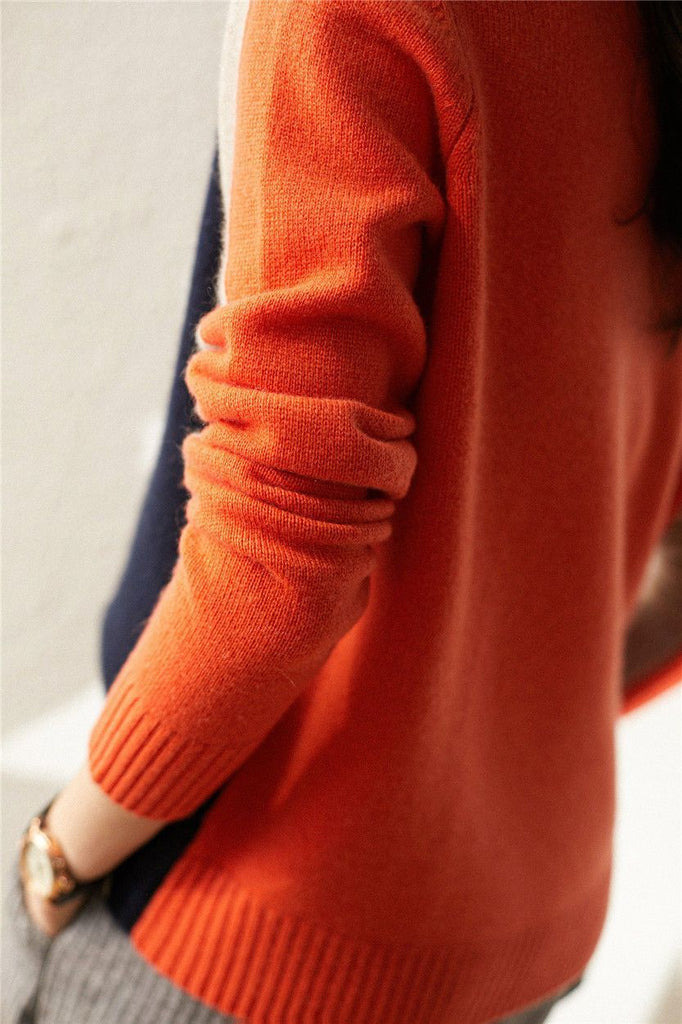 Véronique - Pull Marine Et Orange Avec Rayures Rétro