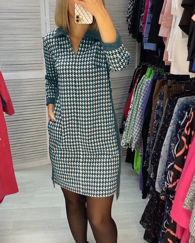 Robe Décontractée à Col V Imprimé Pied de Poule