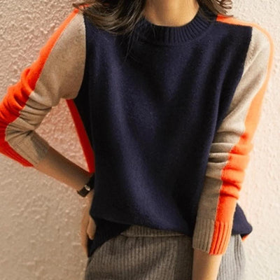 Véronique - Pull Marine Et Orange Avec Rayures Rétro