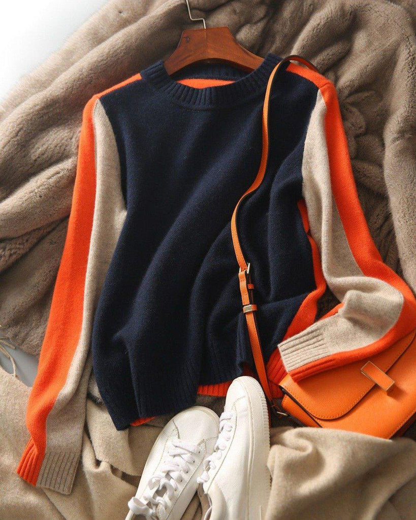 Véronique - Pull Marine Et Orange Avec Rayures Rétro