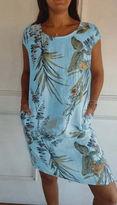 Amandine - Robe En Coton-Lin Imprimé Avec Col Rond Et Coupe Légère
