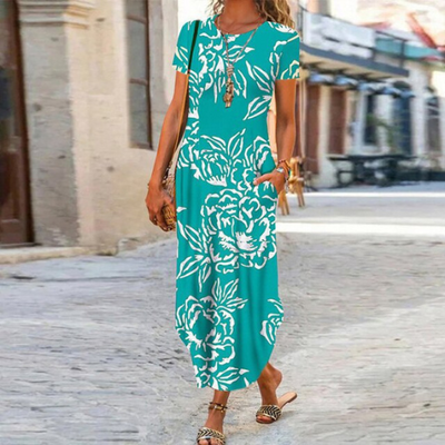Caroline – Maxi-Robe Longue À Motifs, Confectionnée En Coton Et Lin