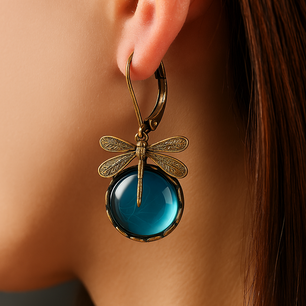 Boucles d'oreilles Sphériques Libellule en Or Antique