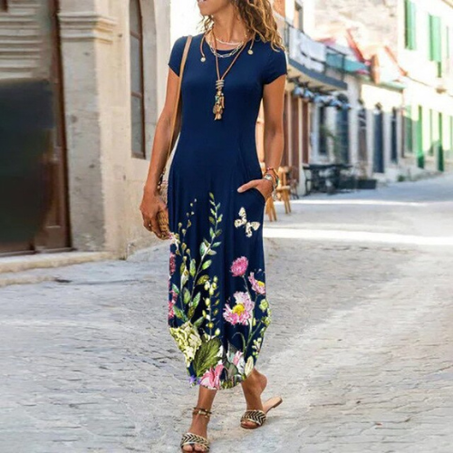 Caroline – Maxi-Robe Longue À Motifs, Confectionnée En Coton Et Lin