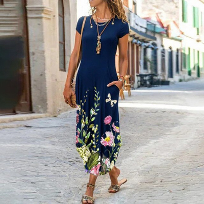 Caroline – Maxi-Robe Longue À Motifs, Confectionnée En Coton Et Lin