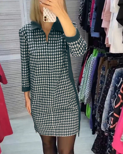 Robe Décontractée à Col V Imprimé Pied de Poule