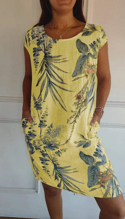 Amandine - Robe En Coton-Lin Imprimé Avec Col Rond Et Coupe Légère