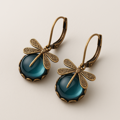 Boucles d'oreilles Sphériques Libellule en Or Antique