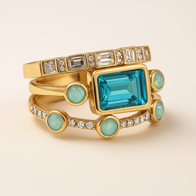 Ensemble de Bagues en Cristal Bleu Vintage