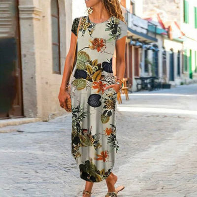 Caroline – Maxi-Robe Longue À Motifs, Confectionnée En Coton Et Lin