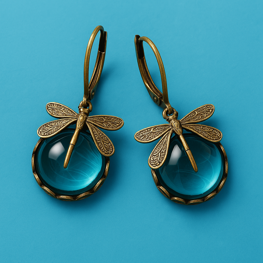Boucles d'oreilles Sphériques Libellule en Or Antique