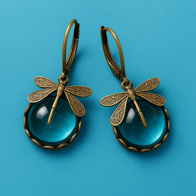 Boucles d'oreilles Sphériques Libellule en Or Antique