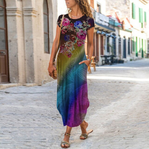 Caroline – Maxi-Robe Longue À Motifs, Confectionnée En Coton Et Lin