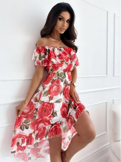Cessie - Robe Épaules Nues - Flatteur Et Léger - Rouge/Blanc - Femmes