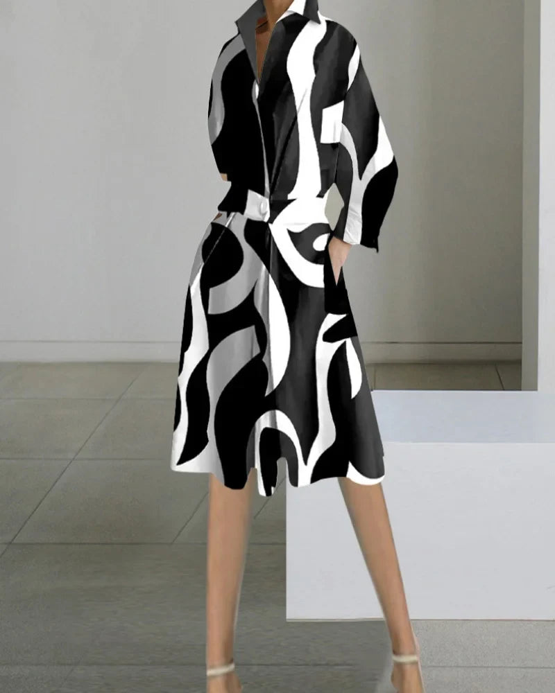 Élodie - Robe Midi Élégante - Manches Longues, Col V, Blanche, Poches, Femme