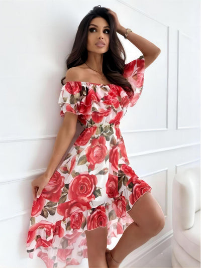 Cessie - Robe Épaules Nues - Flatteur Et Léger - Rouge/Blanc - Femmes