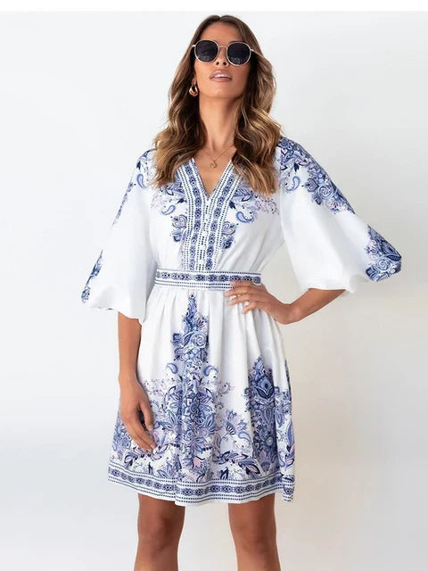Alina - Robe Mini Vintage - Décolleté en V Profond et Manches Lanternes - Femmes