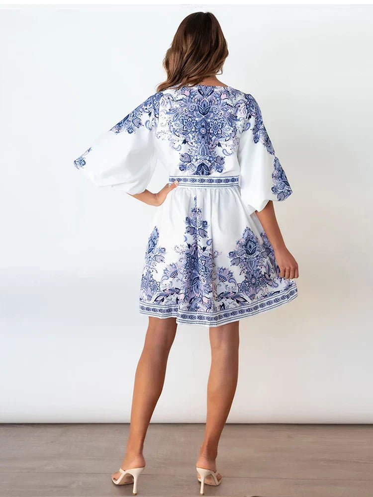 Alina - Robe Mini Vintage - Décolleté en V Profond et Manches Lanternes - Femmes