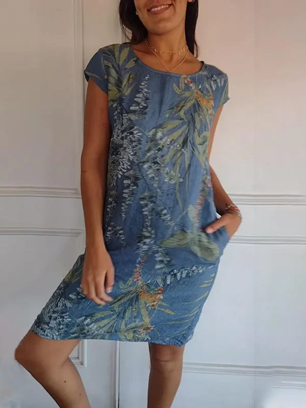 Amandine - Robe En Coton-Lin Imprimé Avec Col Rond Et Coupe Légère