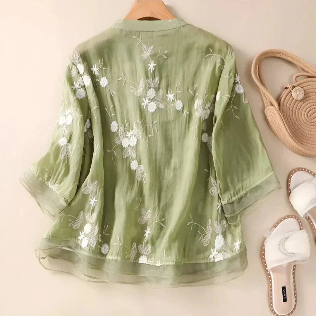 Blouse Brodée Élégante à Manches Mi-longues pour Femmes