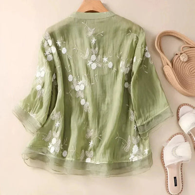 Blouse Brodée Élégante à Manches Mi-longues pour Femmes