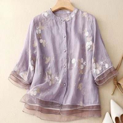 Blouse Brodée Élégante à Manches Mi-longues pour Femmes