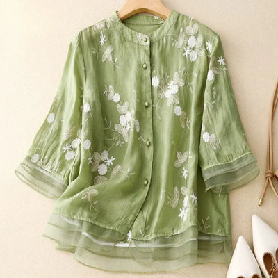 Blouse Brodée Élégante à Manches Mi-longues pour Femmes