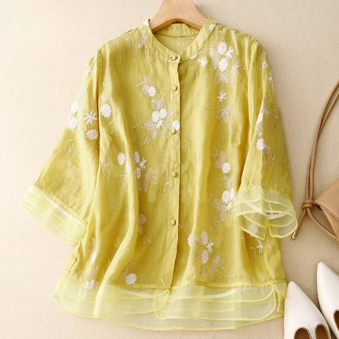Blouse Brodée Élégante à Manches Mi-longues pour Femmes