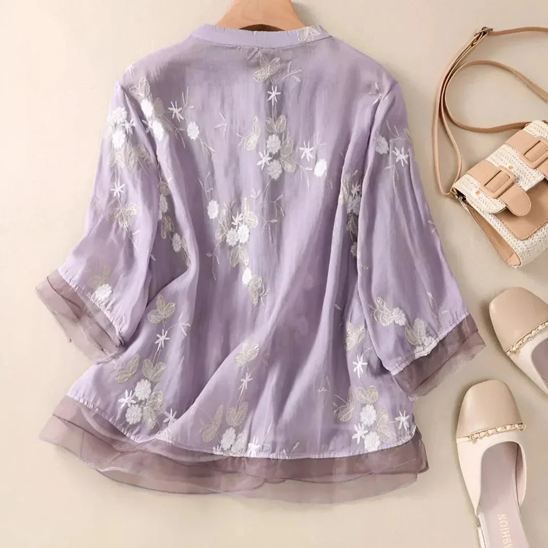 Blouse Brodée Élégante à Manches Mi-longues pour Femmes