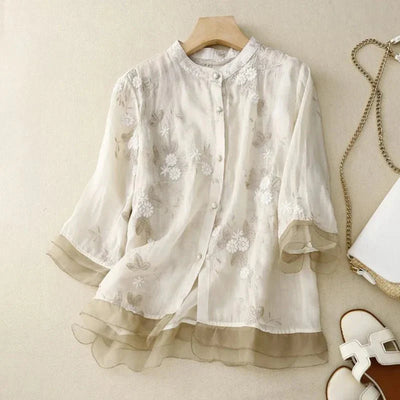 Blouse Brodée Élégante à Manches Mi-longues pour Femmes