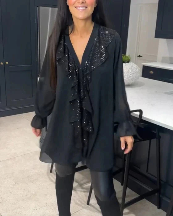Blouse à Volants Élégants de Couleur Unie