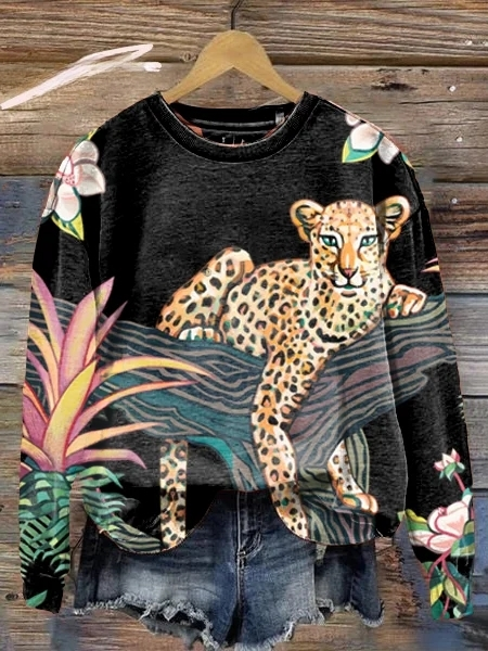 Adèle – Sweat À Manches Longues Avec Imprimé Léopard Et Floral, Moderne Et Audacieux