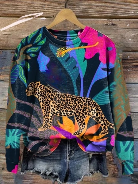 Adèle – Sweat À Manches Longues Avec Imprimé Léopard Et Floral, Moderne Et Audacieux