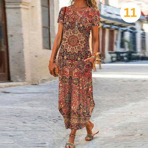 Caroline – Maxi-Robe Longue À Motifs, Confectionnée En Coton Et Lin