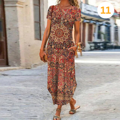 Caroline – Maxi-Robe Longue À Motifs, Confectionnée En Coton Et Lin