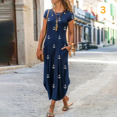 Caroline – Maxi-Robe Longue À Motifs, Confectionnée En Coton Et Lin
